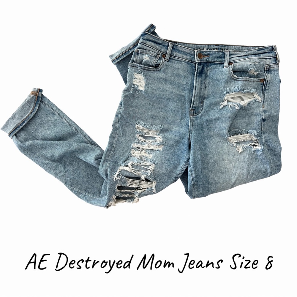 American Eagle Outfitters Blue Mom Jeans Distressed Relaxed Fit Size 8